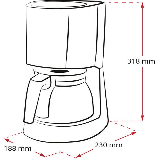 Melitta® Enjoy Top Filter Coffee Maker 6756991 Product sketch with dimensions and measures white background